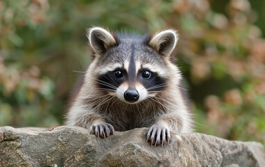 Fototapeta premium The raccoon amidst forest looks at the camera and on a log island