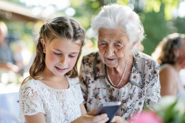 An elderly grandmother and her young granddaughter share a sweet moment at a garden party, with the girl showing something on her smartphone to her grandma