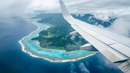 wing of a airplane with a serene view over a small tropical island