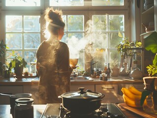 Young woman standing in the kitchen and looking out the window