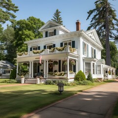 A large white Victorian house with a wraparound porch and a widow's walk