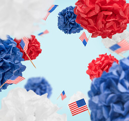 Happy 4th of July Holiday. Flying or levitation USA decorative paper balls and small flags, red,...
