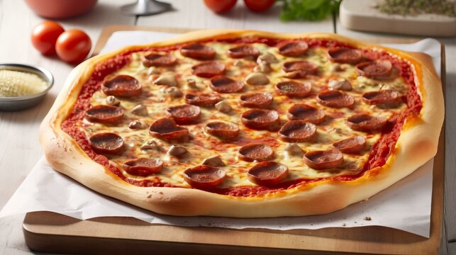 A delicious pepperoni pizza sits on a table ready to be eaten