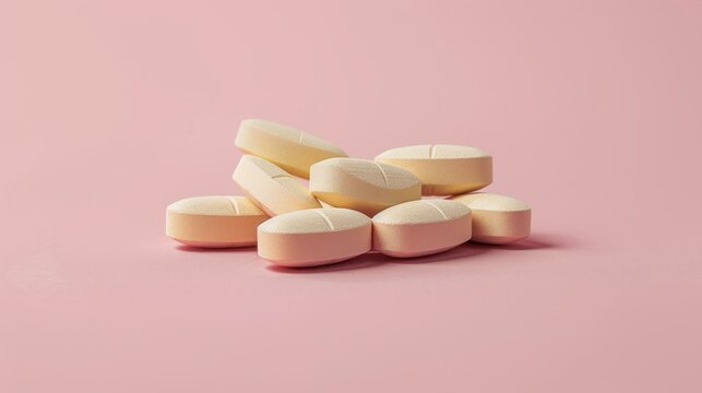 Close-up of pile of light pink and white pills on pink background