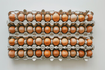Fresh farm eggs in a carton on a white table, top view of dozen eggs on a clean surface