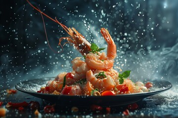 A dynamic seafood dish with shrimp artistically stacked with a splash water effect for a stunning visual