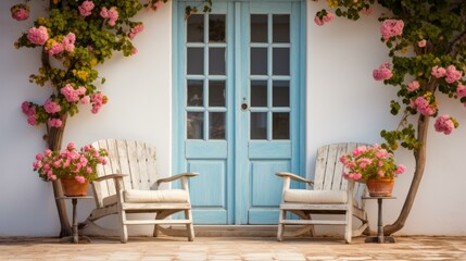 Two wooden armchairs in front of a blue door with pink flowers