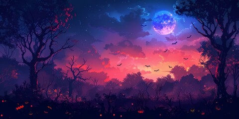 Bats flying in front of a blue moon in a purple sky