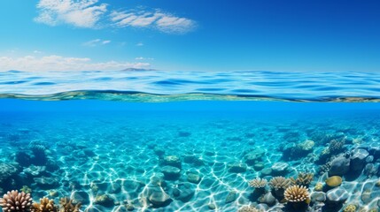 Half underwater split view of a vibrant coral reef with crystal clear water and a bright blue sky above