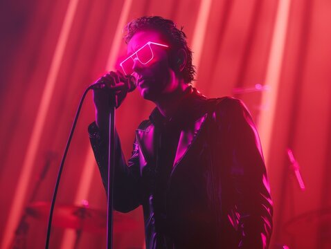 The lead singer of a rock band is lit by a red spotlight while performing on stage