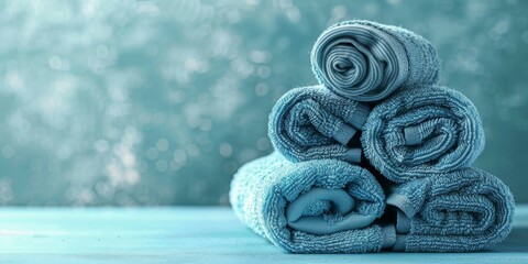 Rolled up blue towels on a blue background - obrazy, fototapety, plakaty