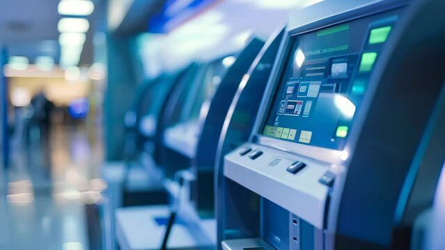 A row of electronic payment terminals are lined up in a hallway. The terminals are all blue and have a green screen
