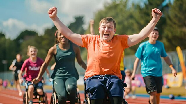 A diverse group of athletes with disabilities celebrates victory on a running track, their excitement and teamwork evident in their joyful expressions