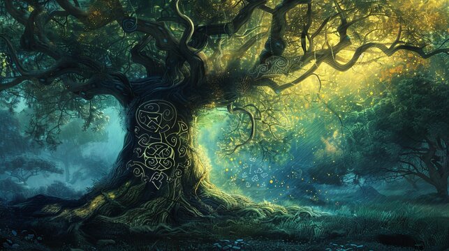 Enchanting mystical tree with Celtic symbols in a magical forest scene