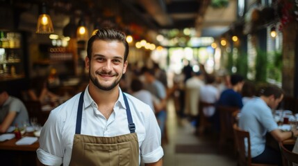 Fototapeta premium Portrait of a happy young male waiter in a busy restaurant