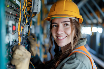 Professional electronic engineer woman smiling, works on a distribution board with an electrical connection cable.