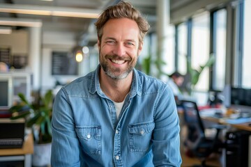 confident businessman smiling in office wearing casual denim shirt natural lighting portrait - Powered by Adobe