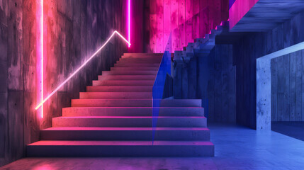 A staircase with neon lights in the background. The lights are in different colors, creating a...