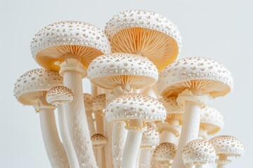 A cluster of white mushrooms with brown spots on their caps