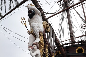 Bow detail of the Neptun vessel, imaginatively inspired by a late 17th century Spanish vessel.