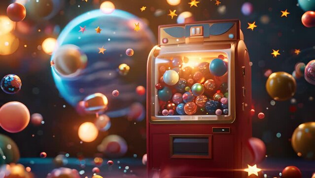 An animated 3D bubblegum machine dispenses planets and stars, creating a mini galaxy in a whimsical child's room