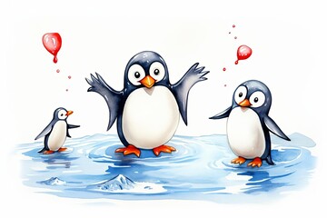 Naklejka premium LOVE with penguins watercolor, charming LOVE with penguins watercolor