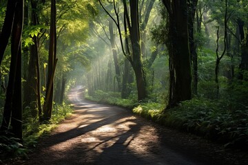 Lush forest path, sunlight filtering through leaves, serene, morning light, wide angle