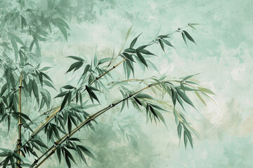 Fototapeta premium Beautiful Bamboo Tree Painting Against Green Wall and Blue Sky Background Serene Nature Landscape Artwork