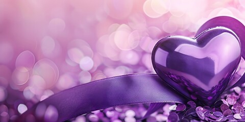 Purple Heart Day and a Purple Ribbon with Heart on a Copy Space
