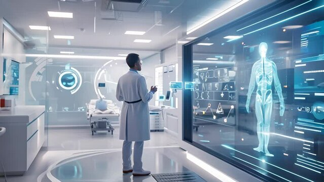 A doctor is standing in front of a computer monitor that displays a 3D image of a human body