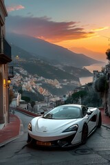 A pristine white sports car, parked against a scenic backdrop, capturing its elegance and power in a lifelike HD image