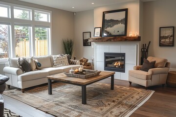 Bright living room with fireplace and comfortable seating