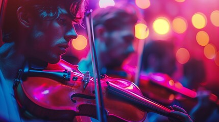 Focused Young Male Violinist Performing on Stage with Colorful Pink and Blue Concert Lights and Bokeh Background During Symphony
