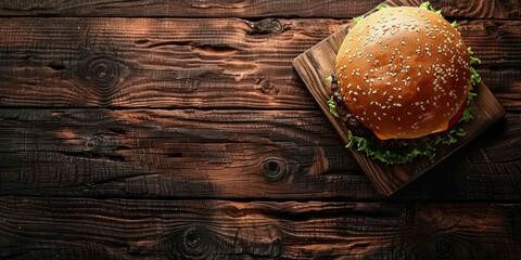 Delicious hamburger on cutting board on wooden table top view food photography concept