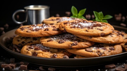 A plate full of chocolate chip cookies