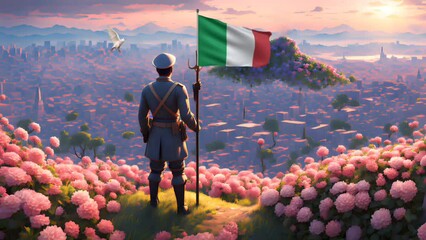 Patriotic illustration capturing a brave soldier proudly holding flag of Italy - Powered by Adobe