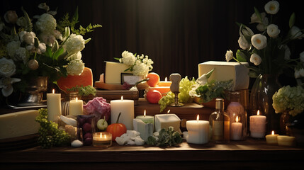 Serene Candle Display with Delicate Floral Arrangement. Generative AI