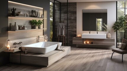 Bathroom interior with natural elements and warm lighting