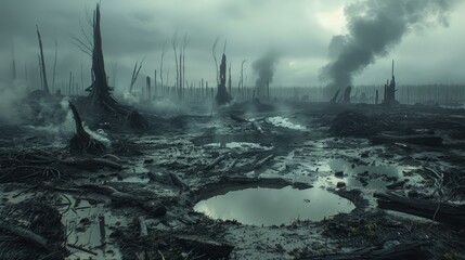 Post-apocalyptic landscape with dead trees and smoke