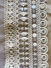 An intricate geometric scallop pattern, beautifully embroidered with fine white threads, creating a delicate and elegant border. 