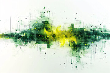 Abstract digital cityscape with blurred green and yellow smears over a light white background