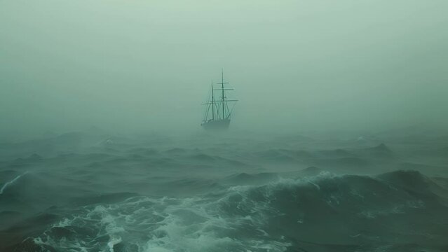 A lone ship battles the stormy seas amidst dense fog in the mysterious Bermuda Triangle, where compasses fail ship, stormy, seas, dense, fog, Bermu