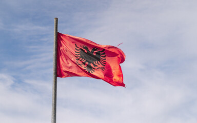 Waving flag of Albania on flagpole. Template for independence day poster design