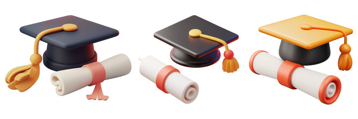 PNG graduation cap with diploma 3d icons and objects collection, in cartoon style minimal on transparent, white background, isolate