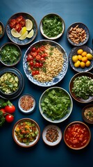 A variety of Mediterranean food ingredients are arranged on a blue background
