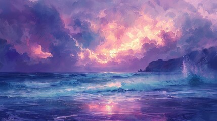 Naklejka na ściany i meble purple pink sunset beach painting