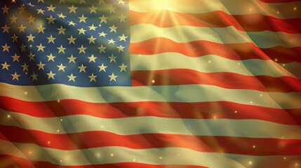 Fototapeta premium Waving American flag with glowing light rays in vintage style