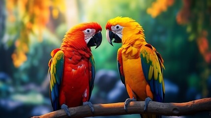 Parrots learning tricks in tropical aviary, bright colors, closeup