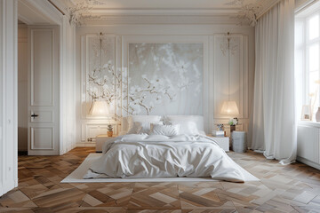 Elegant white master bedroom with a detailed parquet floor, a custom-designed mural, and soft, ambient lighting.
