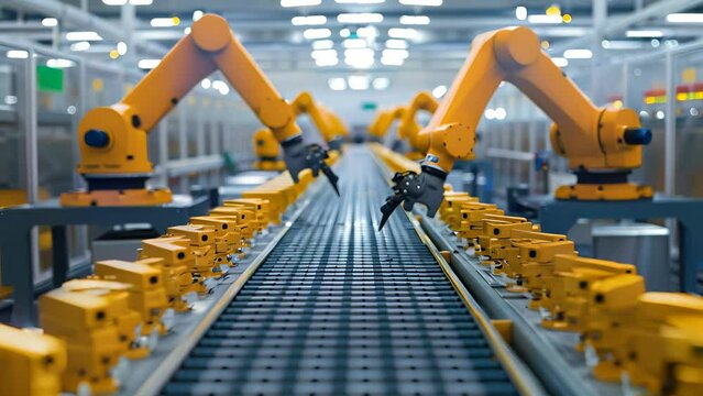 Two robots are working on a conveyor belt. The conveyor belt is filled with yellow objects